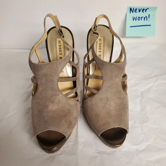 NEW taupe Clever 9 stiletto heels Audrey Brooke cutout open toe nude neutral tan - Picture 3 of 8